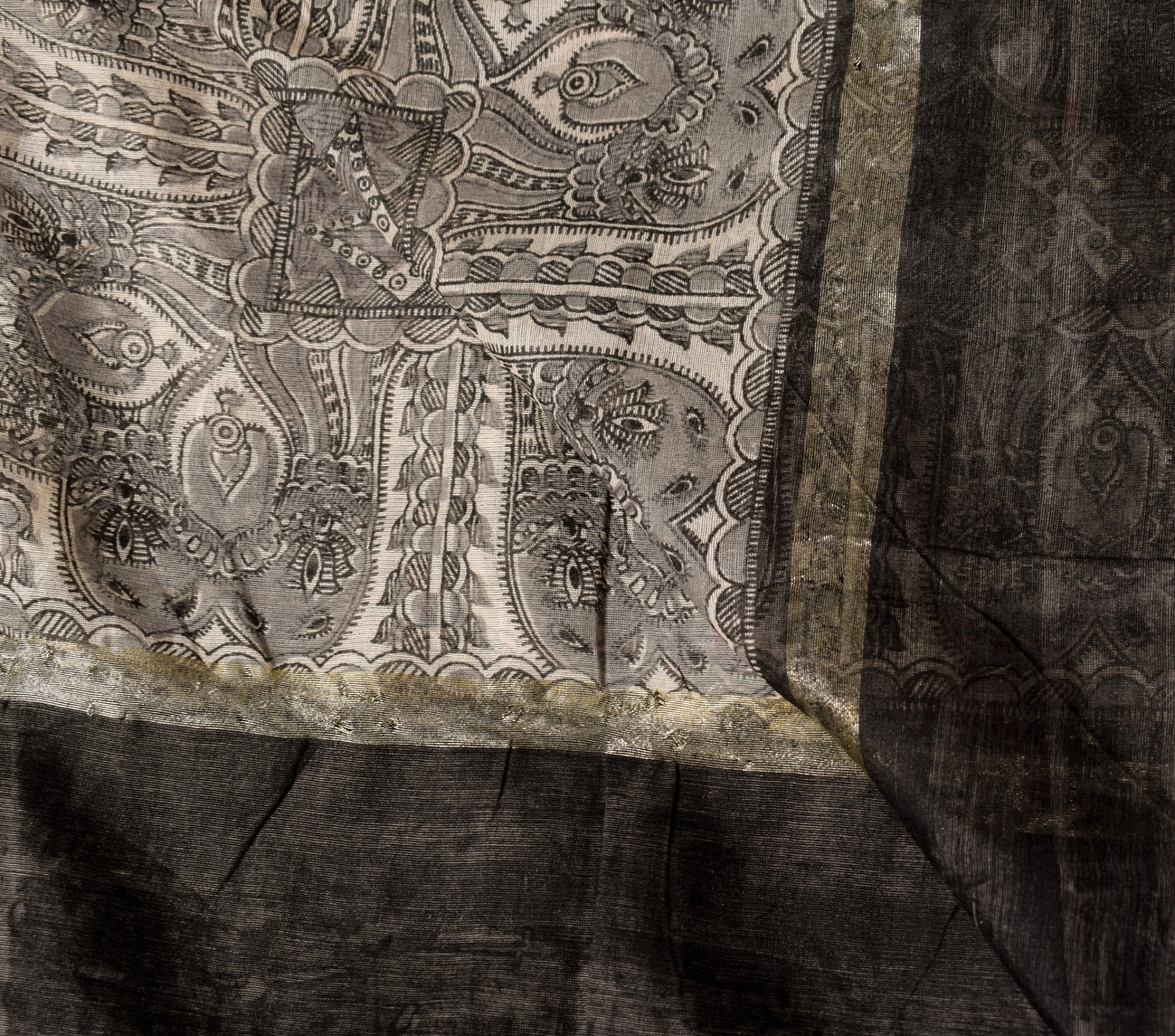 Sushila Vintage Beige Black  Dupatta Madhubani Print Art Cotton Silk Long Stole