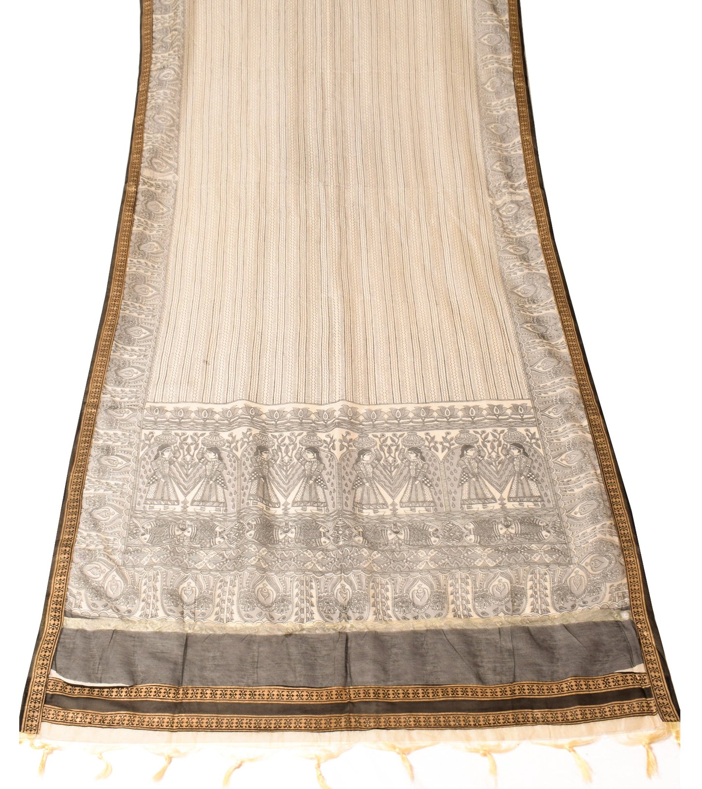 Sushila Vintage Beige Black  Dupatta Madhubani Print Art Cotton Silk Long Stole