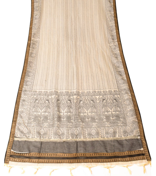 Sushila Vintage Beige Black  Dupatta Madhubani Print Art Cotton Silk Long Stole