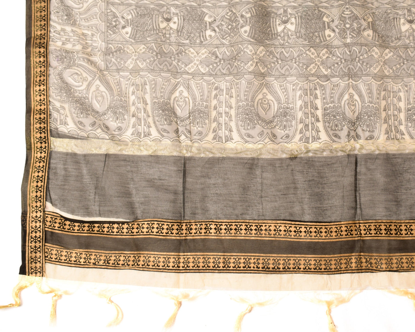 Sushila Vintage Beige Black  Dupatta Madhubani Print Art Cotton Silk Long Stole