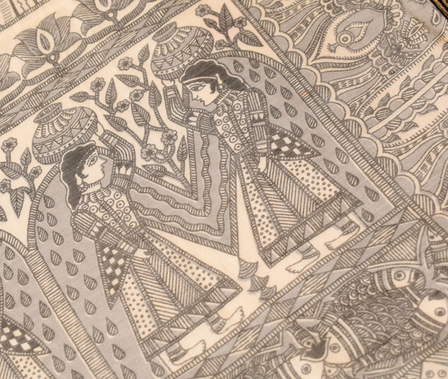 Sushila Vintage Beige Black  Dupatta Madhubani Print Art Cotton Silk Long Stole
