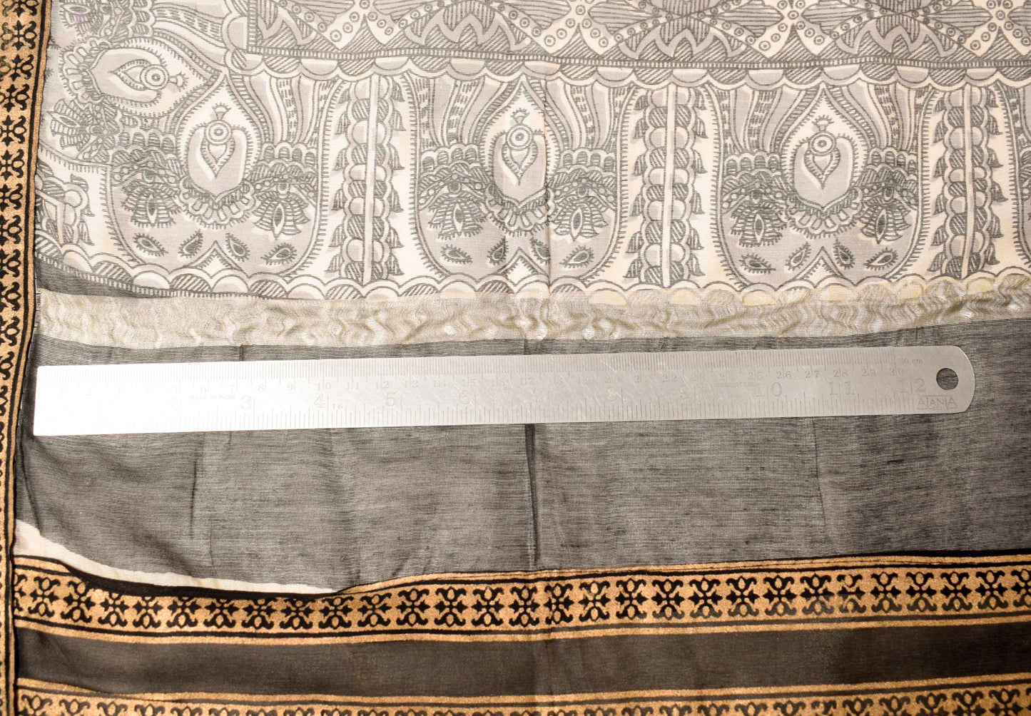 Sushila Vintage Beige Black  Dupatta Madhubani Print Art Cotton Silk Long Stole