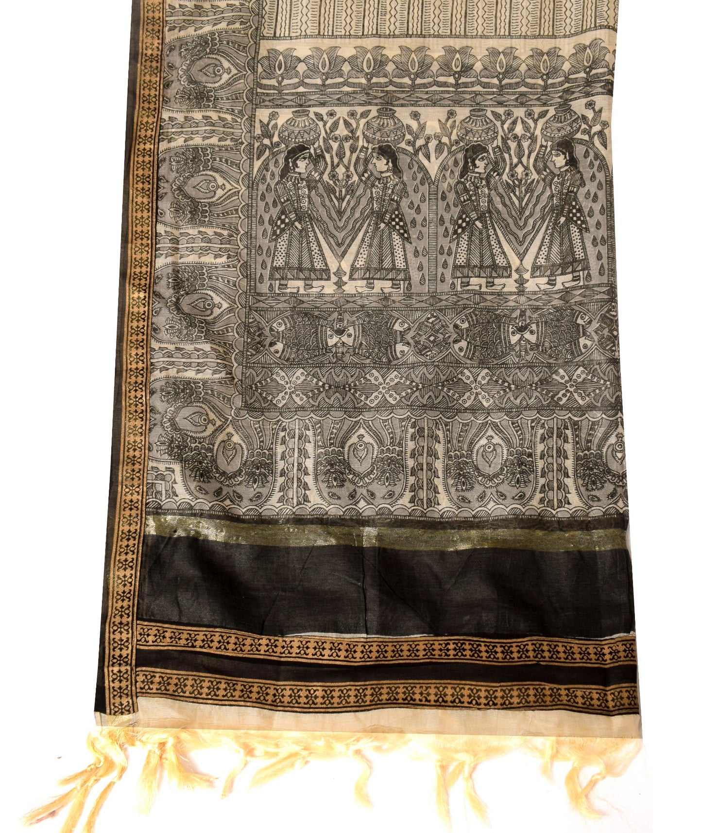 Sushila Vintage Beige Black  Dupatta Madhubani Print Art Cotton Silk Long Stole