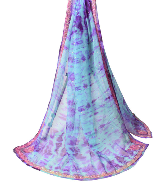 Sushila Vintage Aqua Blue Tie-Dye Dupatta Pure Chiffon Zardozi Work Long Stole