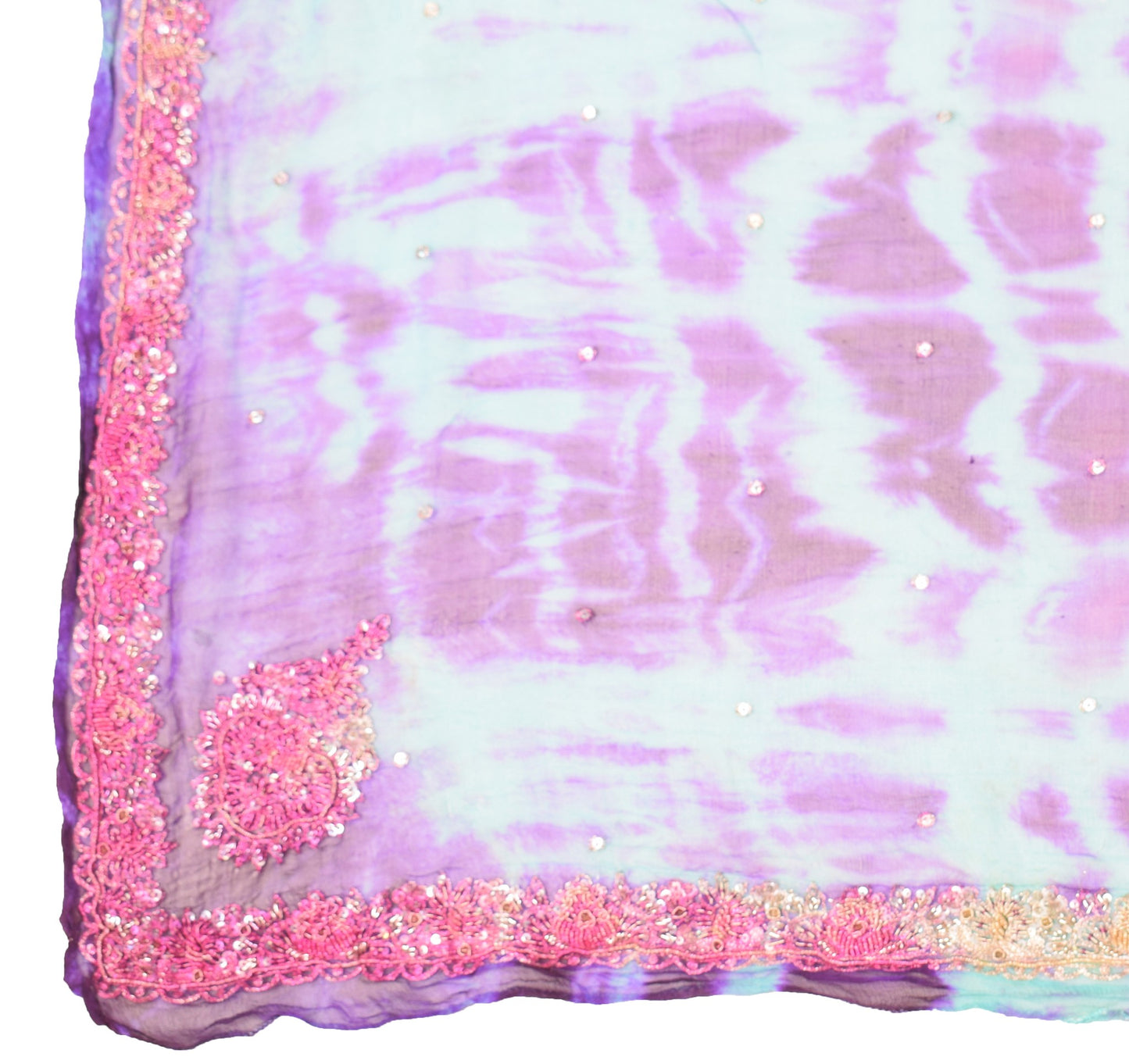Sushila Vintage Aqua Blue Tie-Dye Dupatta Pure Chiffon Zardozi Work Long Stole