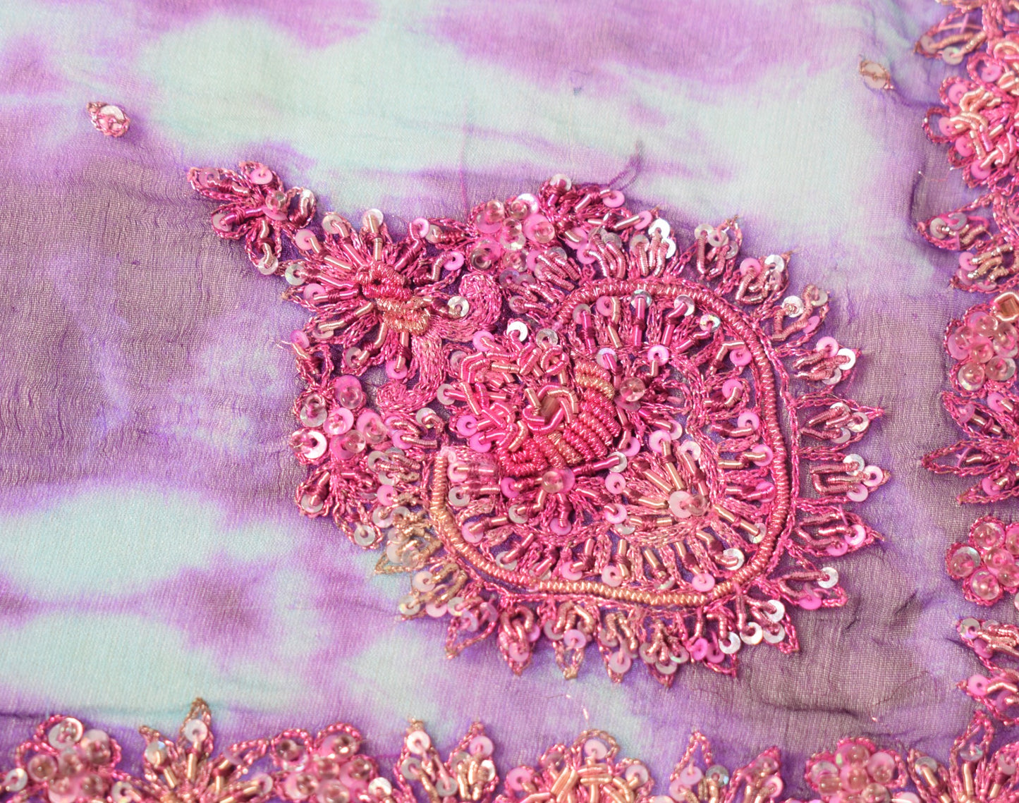 Sushila Vintage Aqua Blue Tie-Dye Dupatta Pure Chiffon Zardozi Work Long Stole