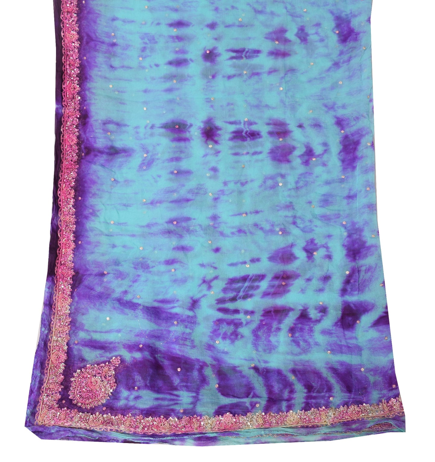 Sushila Vintage Aqua Blue Tie-Dye Dupatta Pure Chiffon Zardozi Work Long Stole