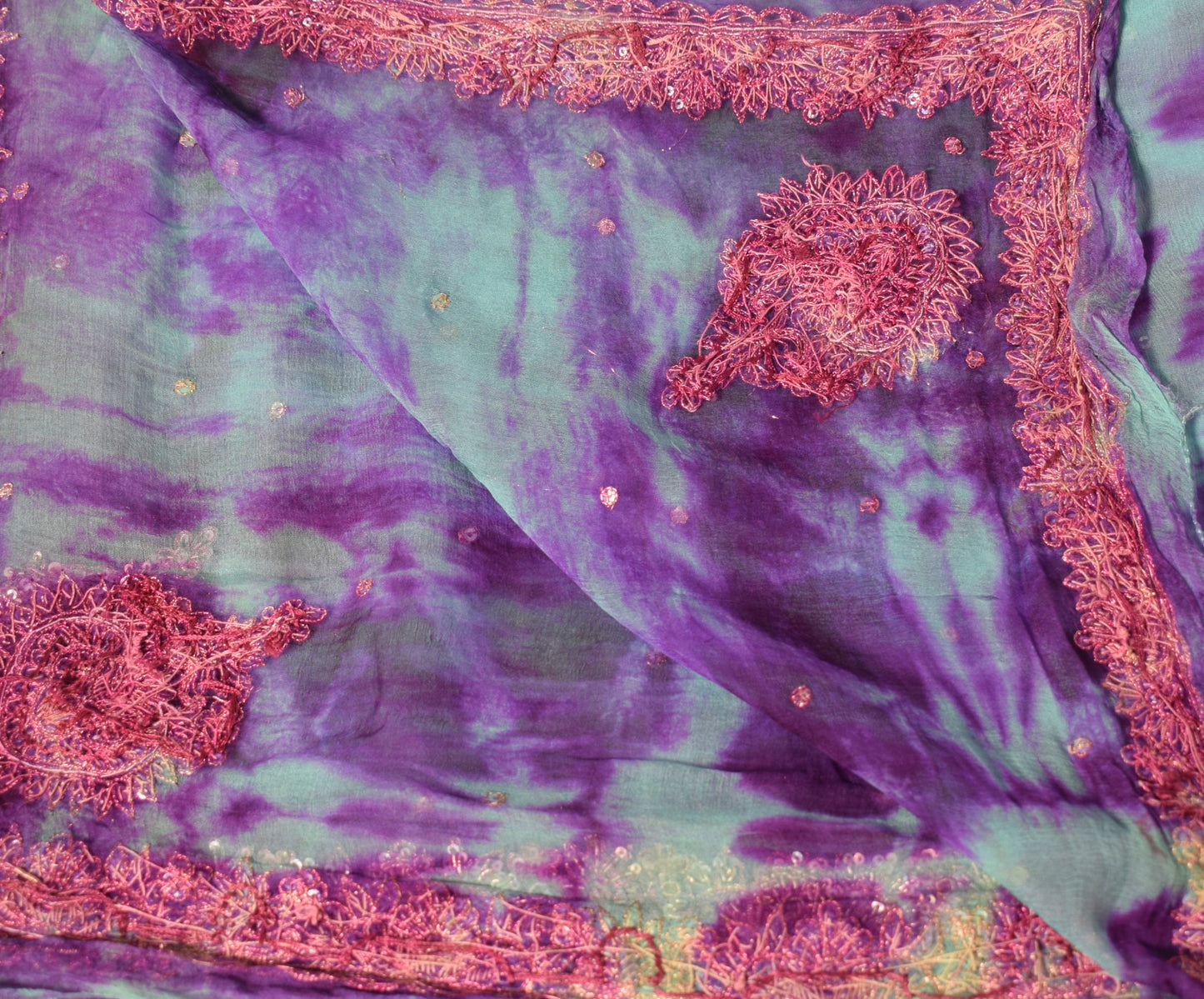 Sushila Vintage Aqua Blue Tie-Dye Dupatta Pure Chiffon Zardozi Work Long Stole