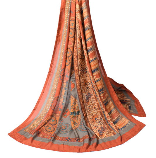 Sushila Vintage Printed Rust Dupatta Pure Cotton Silk Soft Floral Long Stole
