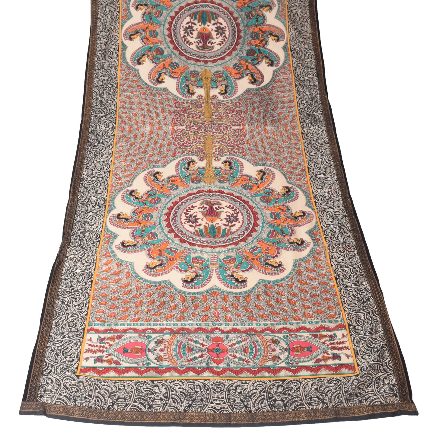 Sushila Vintage Madhubani Paint Dupatta Pure Cotton Silk Beige Figure Long Stole