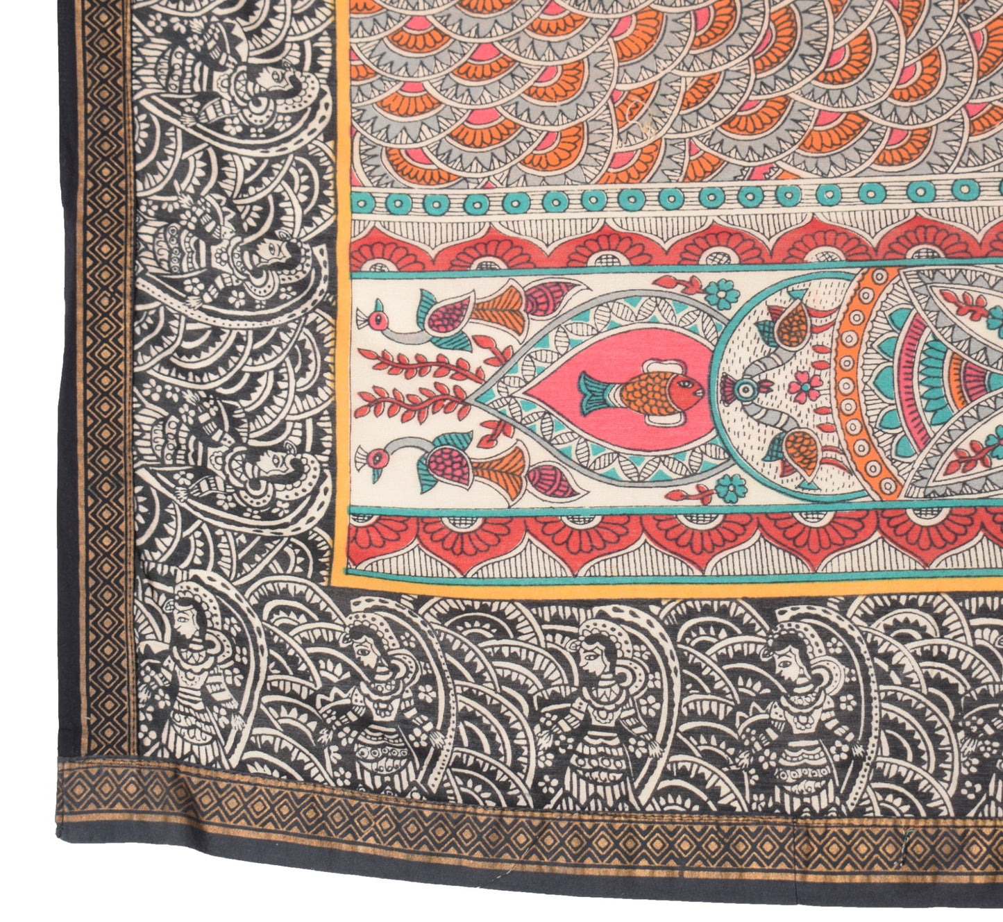 Sushila Vintage Madhubani Paint Dupatta Pure Cotton Silk Beige Figure Long Stole