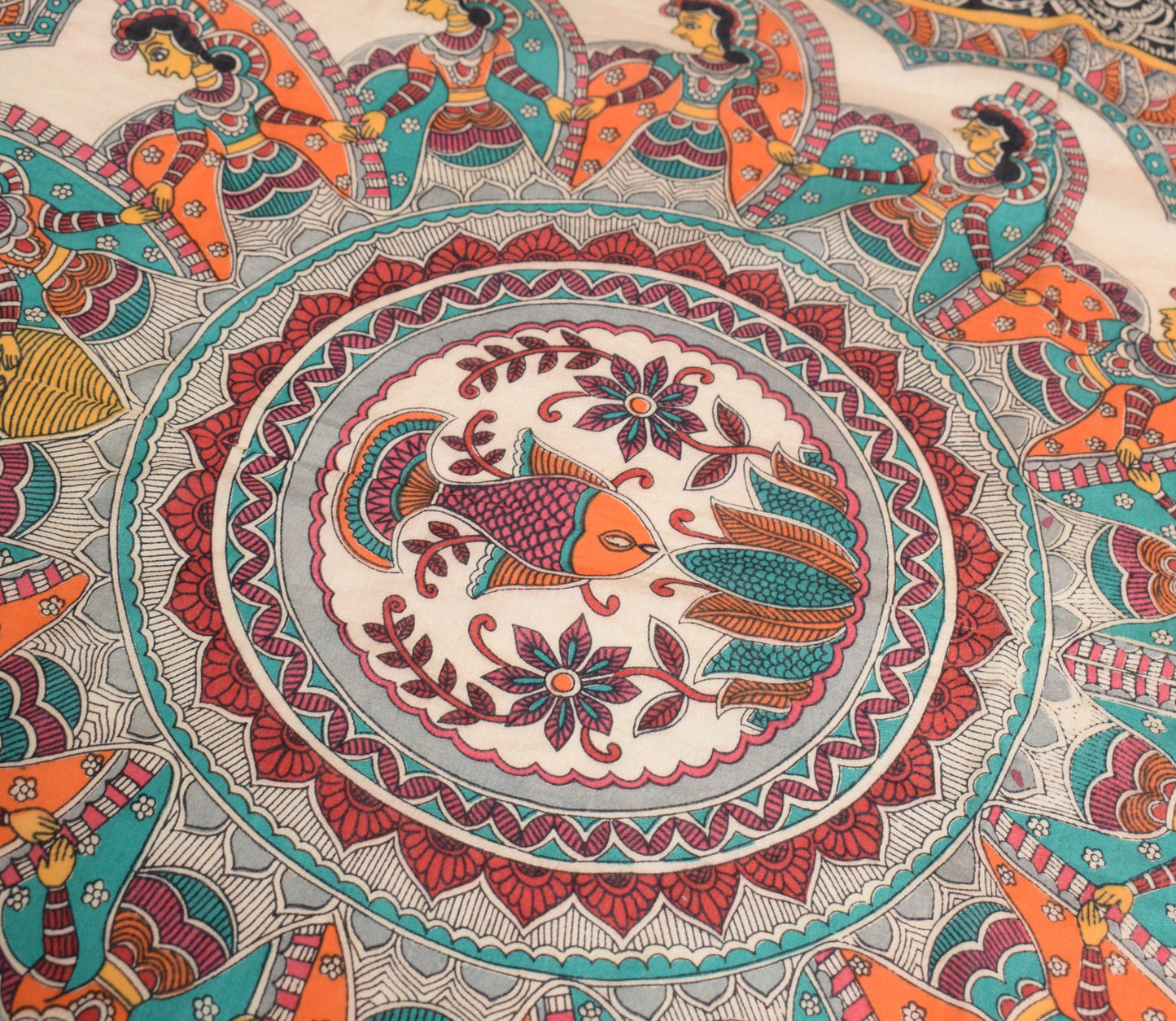 Sushila Vintage Madhubani Paint Dupatta Pure Cotton Silk Beige Figure Long Stole