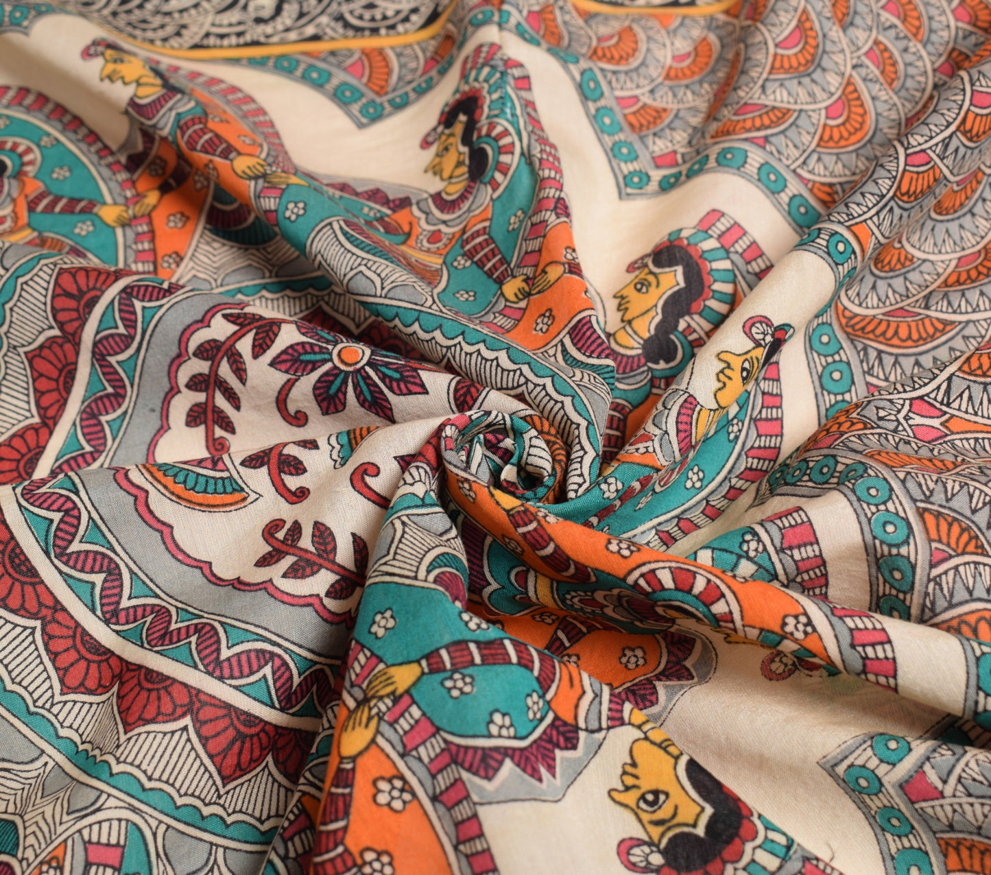 Sushila Vintage Madhubani Paint Dupatta Pure Cotton Silk Beige Figure Long Stole