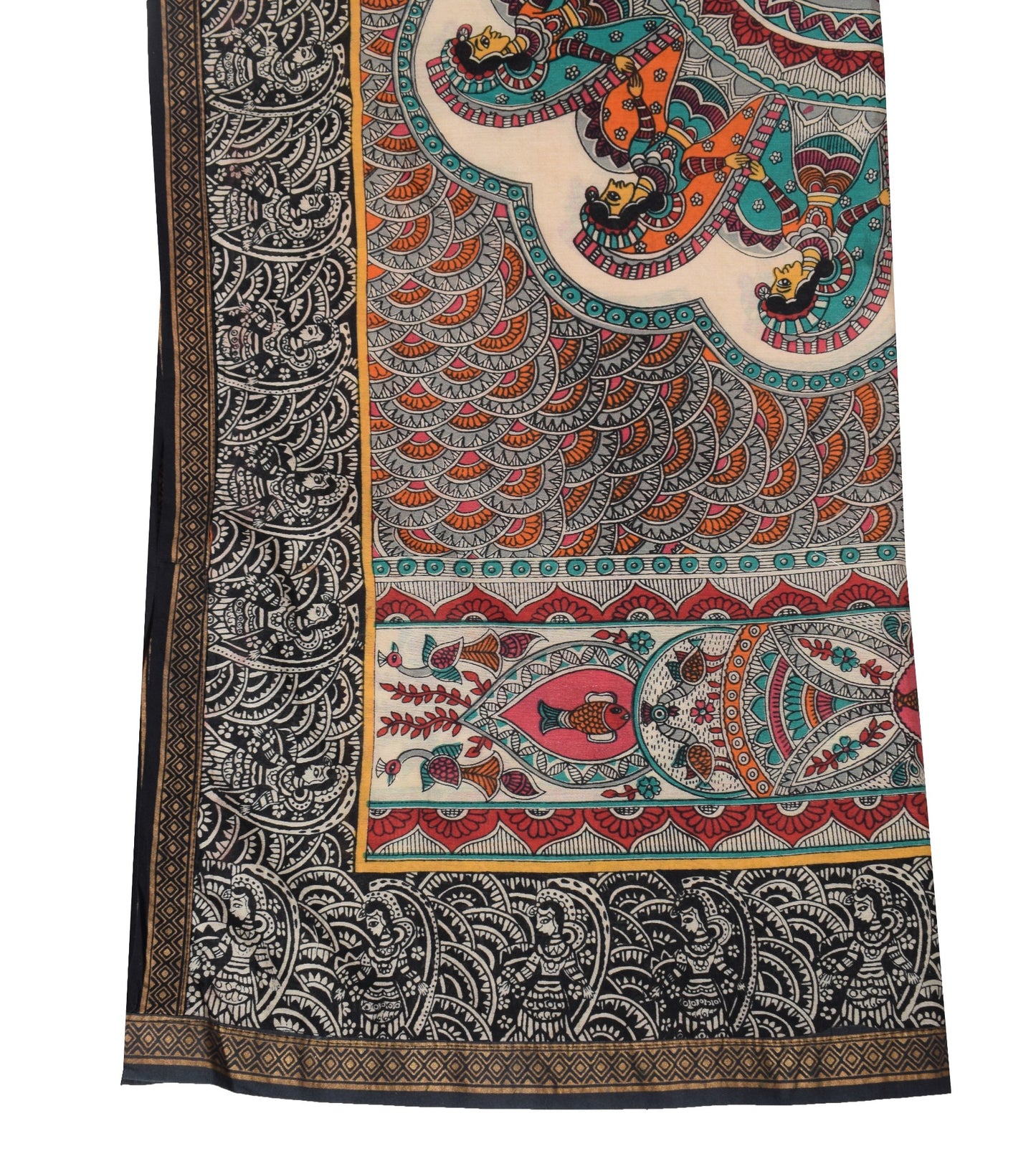 Sushila Vintage Madhubani Paint Dupatta Pure Cotton Silk Beige Figure Long Stole