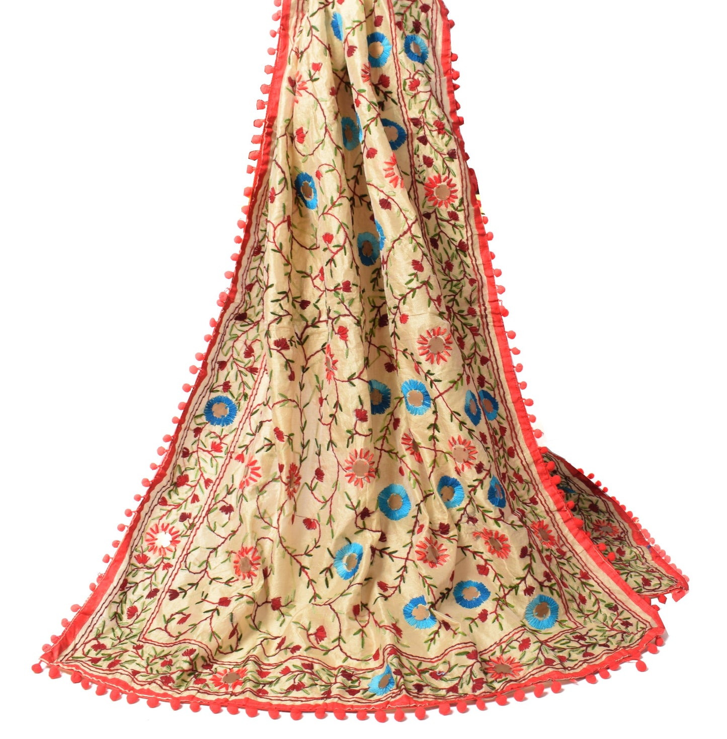 Sushila Vintage Beige Dupatta Art Silk Handmade Floral Phulkari OOAK Long Stole