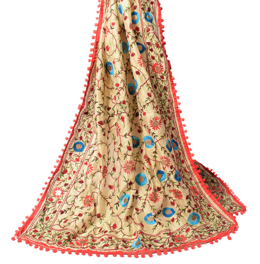 Sushila Vintage Beige Dupatta Art Silk Handmade Floral Phulkari OOAK Long Stole