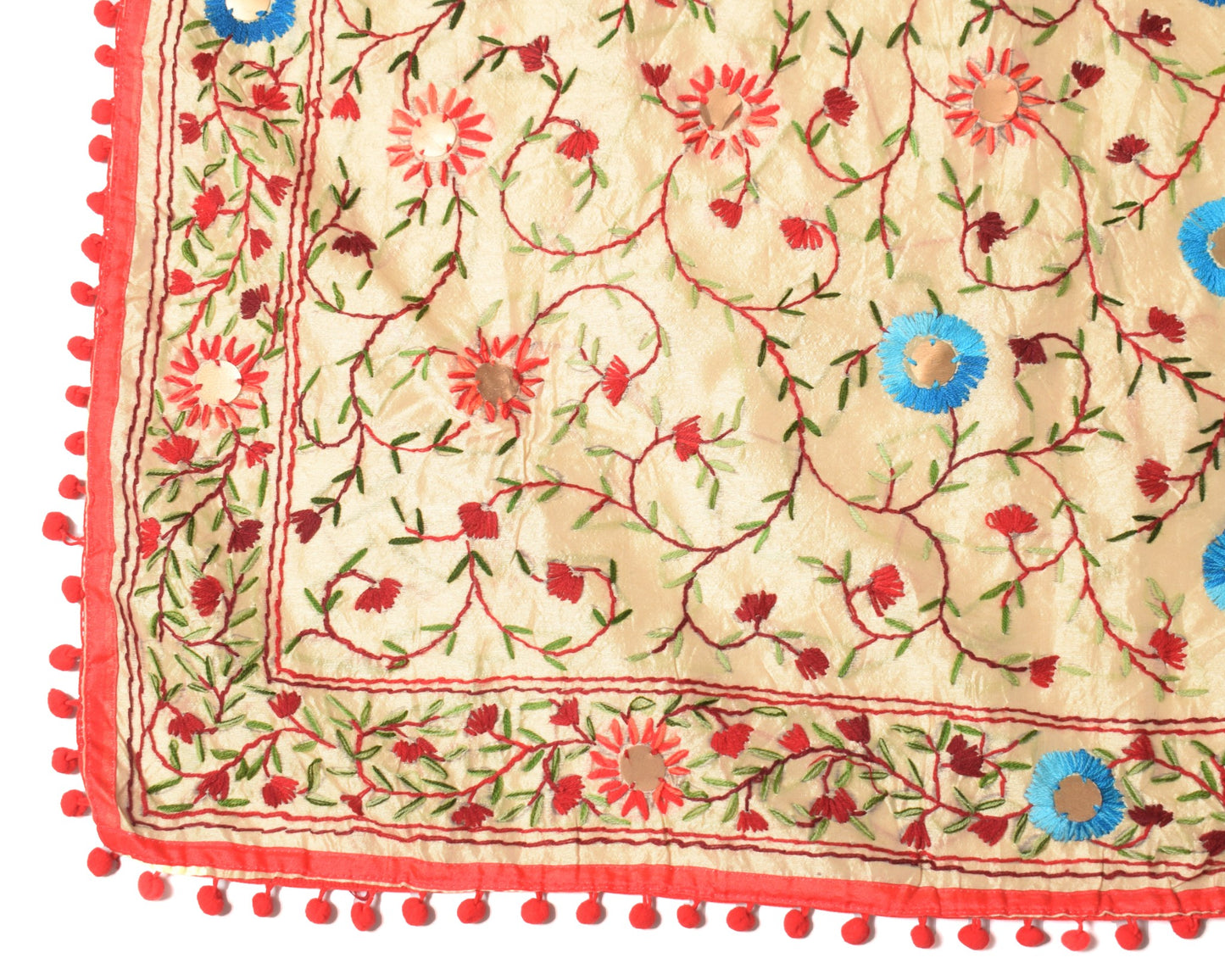 Sushila Vintage Beige Dupatta Art Silk Handmade Floral Phulkari OOAK Long Stole