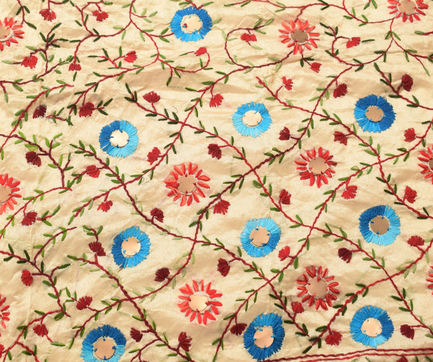 Sushila Vintage Beige Dupatta Art Silk Handmade Floral Phulkari OOAK Long Stole