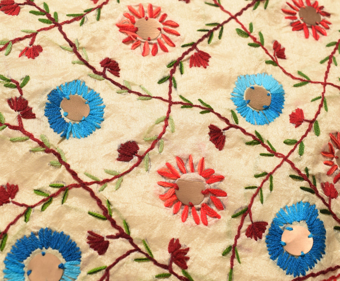 Sushila Vintage Beige Dupatta Art Silk Handmade Floral Phulkari OOAK Long Stole