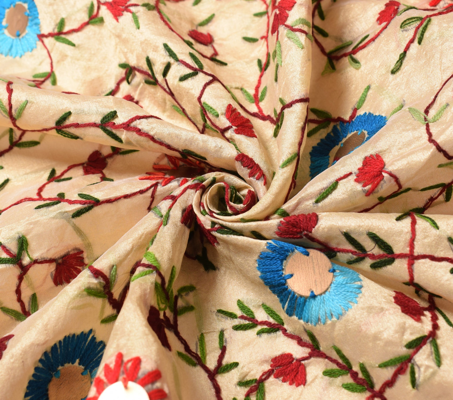Sushila Vintage Beige Dupatta Art Silk Handmade Floral Phulkari OOAK Long Stole