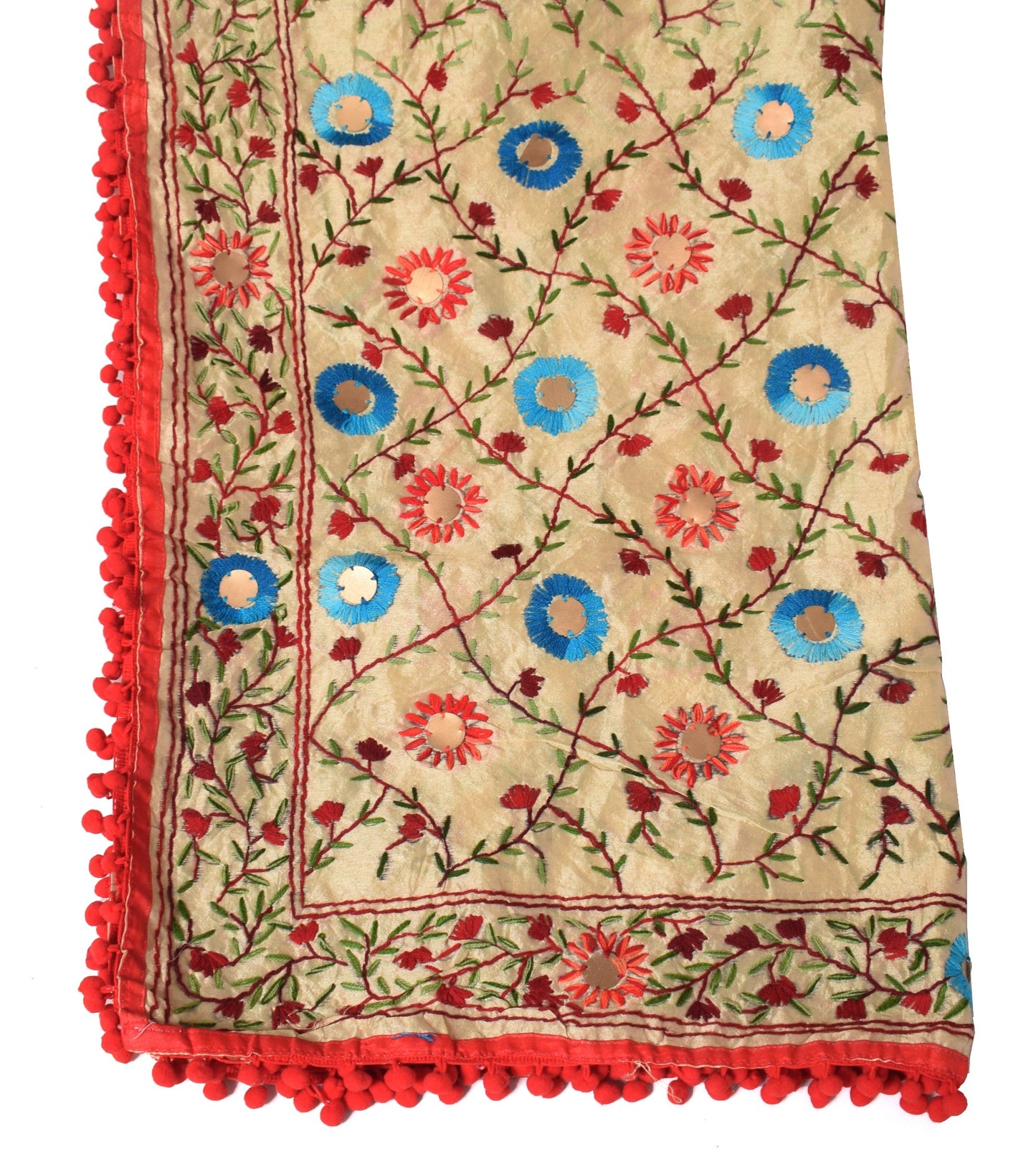 Sushila Vintage Beige Dupatta Art Silk Handmade Floral Phulkari OOAK Long Stole