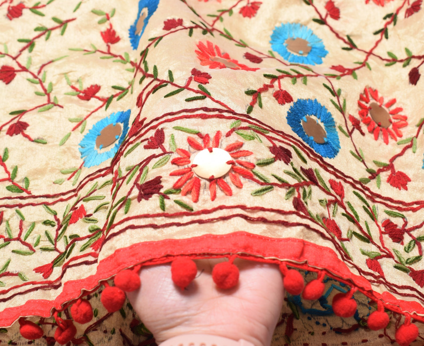 Sushila Vintage Beige Dupatta Art Silk Handmade Floral Phulkari OOAK Long Stole