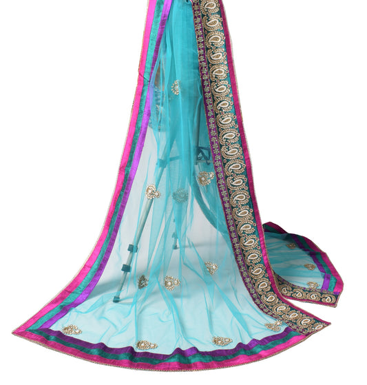 Sushila Vintage Polki Kundan Embroidered Dupatta Teal Blue Net Floral Long Stole