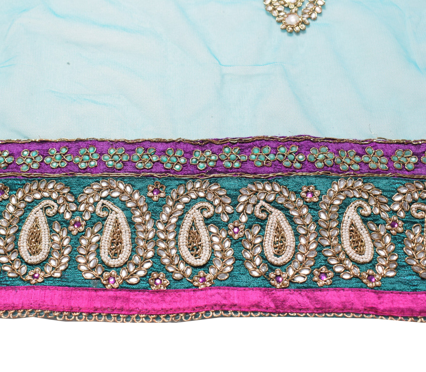Sushila Vintage Polki Kundan Embroidered Dupatta Teal Blue Net Floral Long Stole