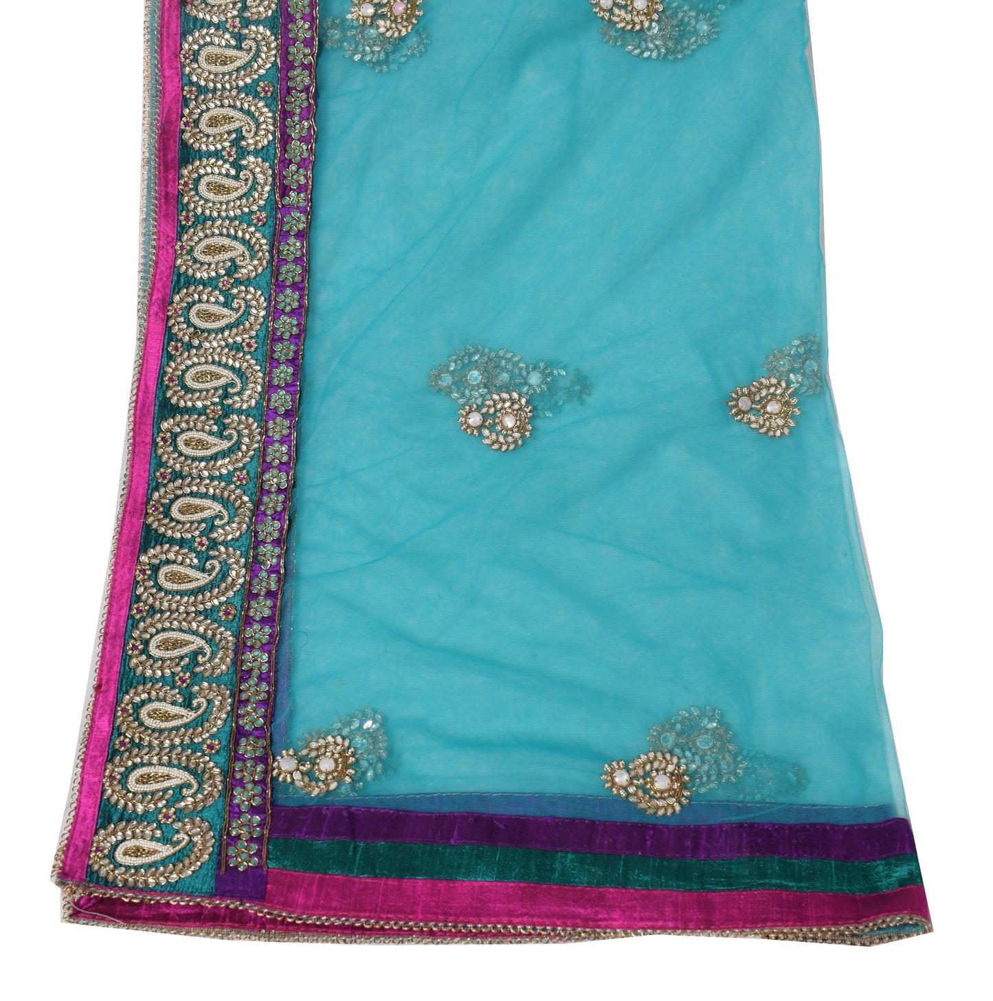 Sushila Vintage Polki Kundan Embroidered Dupatta Teal Blue Net Floral Long Stole
