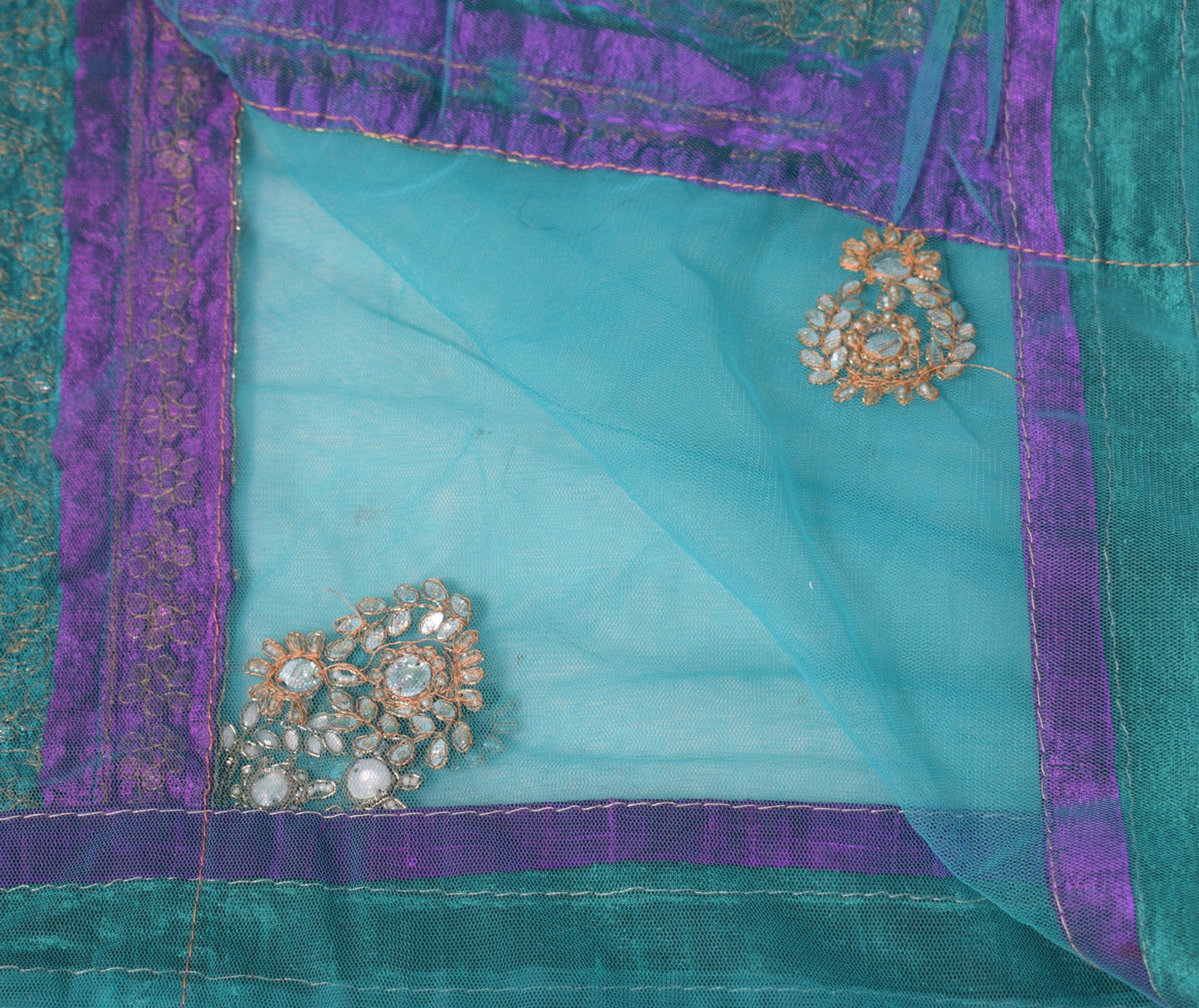 Sushila Vintage Polki Kundan Embroidered Dupatta Teal Blue Net Floral Long Stole