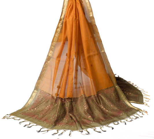 Sushila Vintage Rust Dupatta Hand Woven Floral Pure Cotton Silk Long Stole Wrap