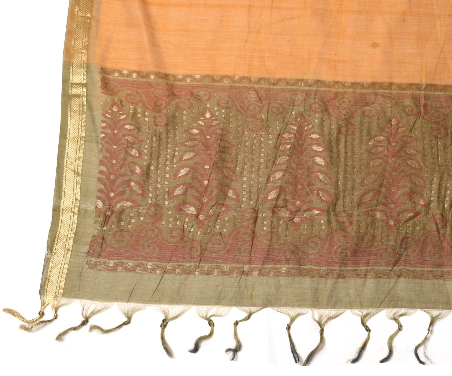 Sushila Vintage Rust Dupatta Hand Woven Floral Pure Cotton Silk Long Stole Wrap