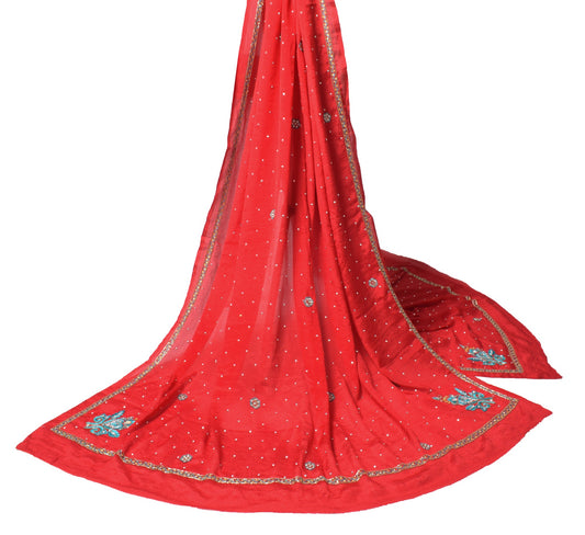 Sushila Vintage Wedding Red Dupatta Stone Beaded Pure Chiffon Floral Long Stole