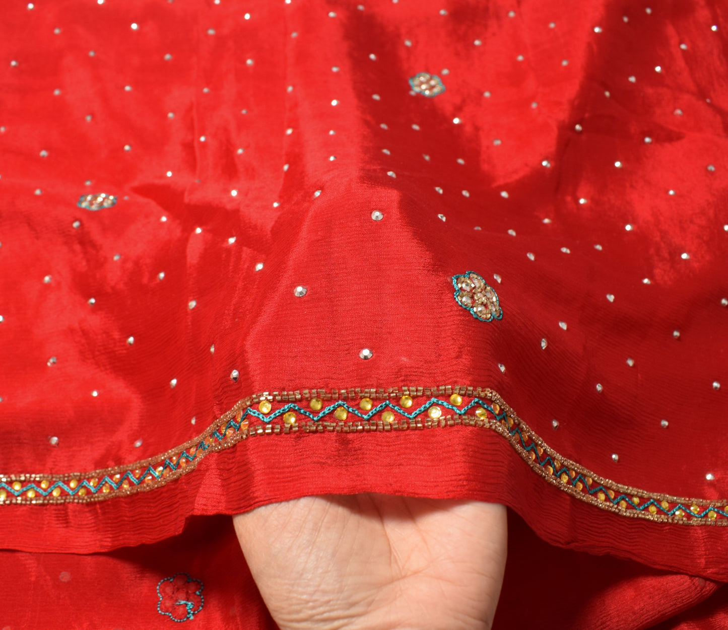 Sushila Vintage Wedding Red Dupatta Stone Beaded Pure Chiffon Floral Long Stole