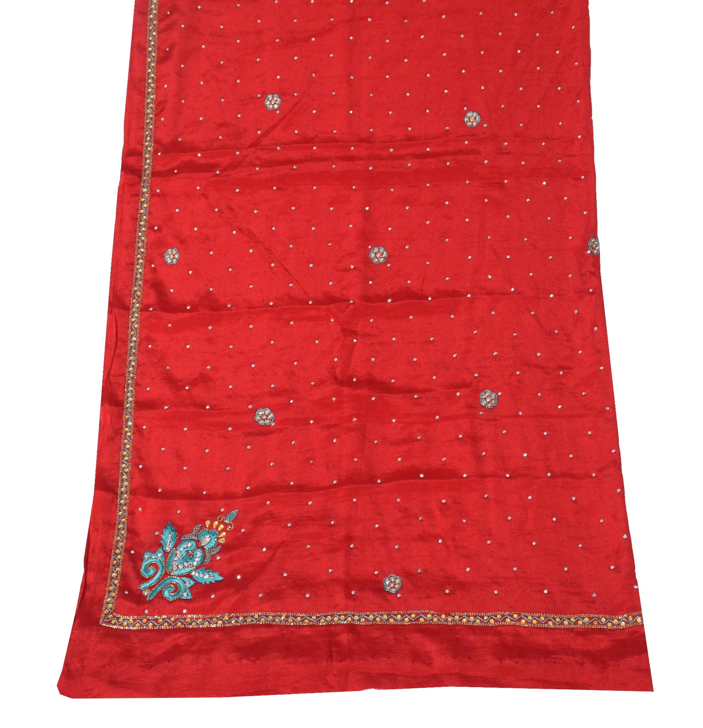 Sushila Vintage Wedding Red Dupatta Stone Beaded Pure Chiffon Floral Long Stole