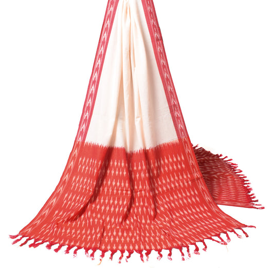 Sushila Vintage Cream Red Dupatta Pure Cotton Hand Woven Ikat Long Stole Wrap