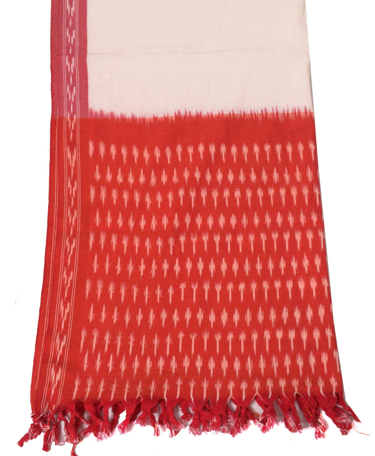 Sushila Vintage Cream Red Dupatta Pure Cotton Hand Woven Ikat Long Stole Wrap