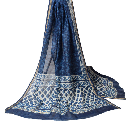 Sushila Vintage Handmade Blue Dupatta Pure Cotton Silk Printed Leaves Long Stole
