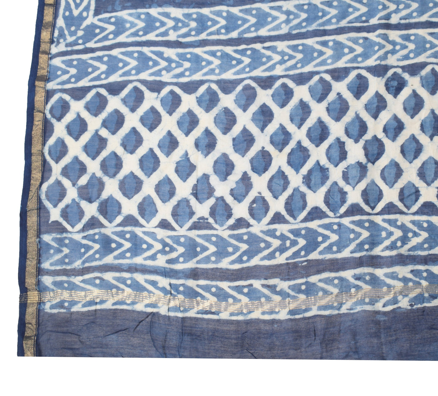 Sushila Vintage Handmade Blue Dupatta Pure Cotton Silk Printed Leaves Long Stole