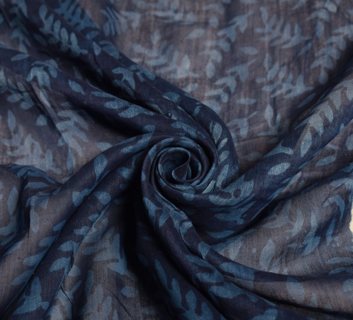 Sushila Vintage Handmade Blue Dupatta Pure Cotton Silk Printed Leaves Long Stole