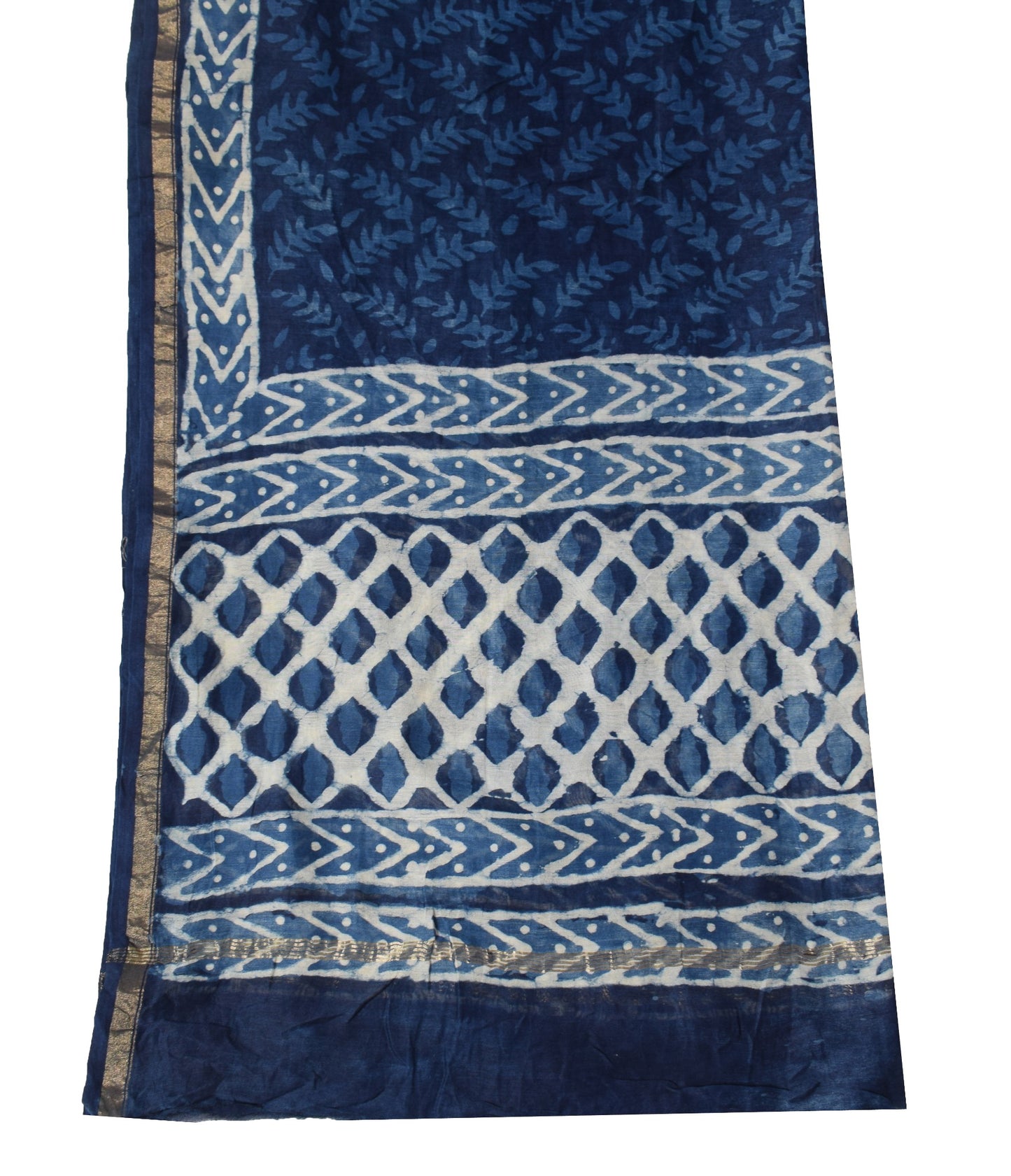 Sushila Vintage Handmade Blue Dupatta Pure Cotton Silk Printed Leaves Long Stole