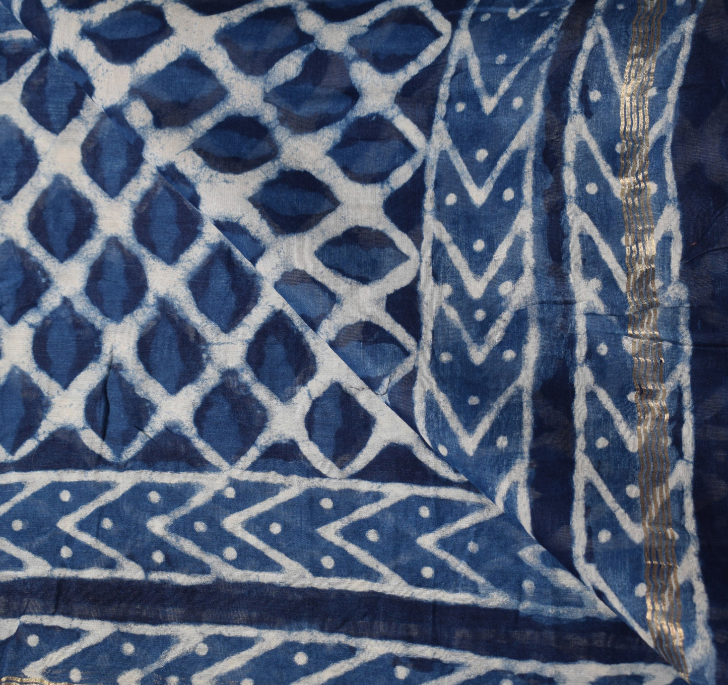 Sushila Vintage Handmade Blue Dupatta Pure Cotton Silk Printed Leaves Long Stole
