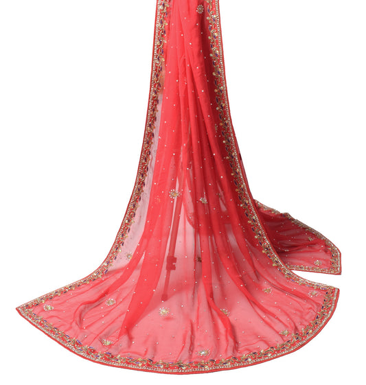 Sushila Vintage Red Wedding Dupatta Pure Georgette Hand Beaded Floral Long Stole