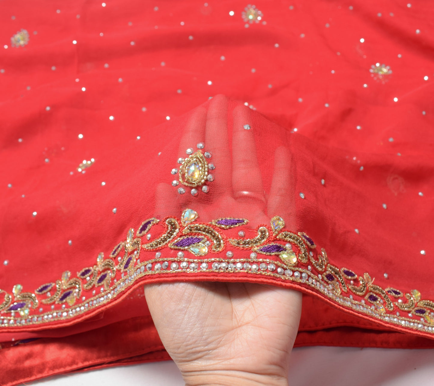 Sushila Vintage Red Wedding Dupatta Pure Georgette Hand Beaded Floral Long Stole