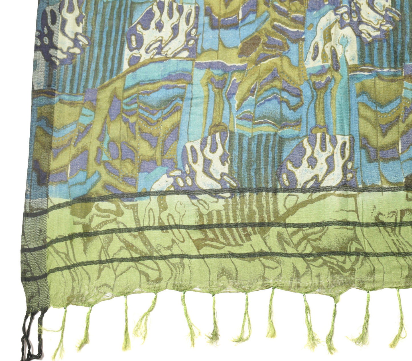 Sushila Vintage Pure Woolen Dupatta Green Abstract Printed Soft Long Stole Veil