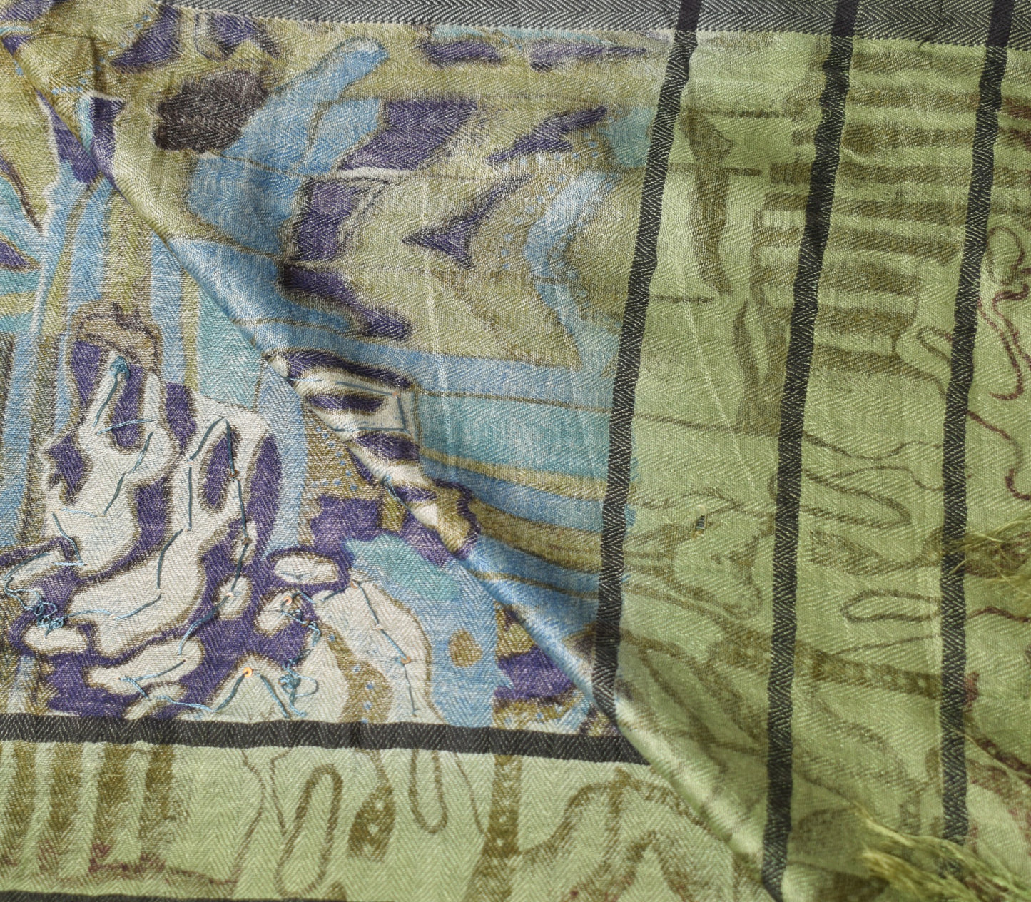 Sushila Vintage Pure Woolen Dupatta Green Abstract Printed Soft Long Stole Veil