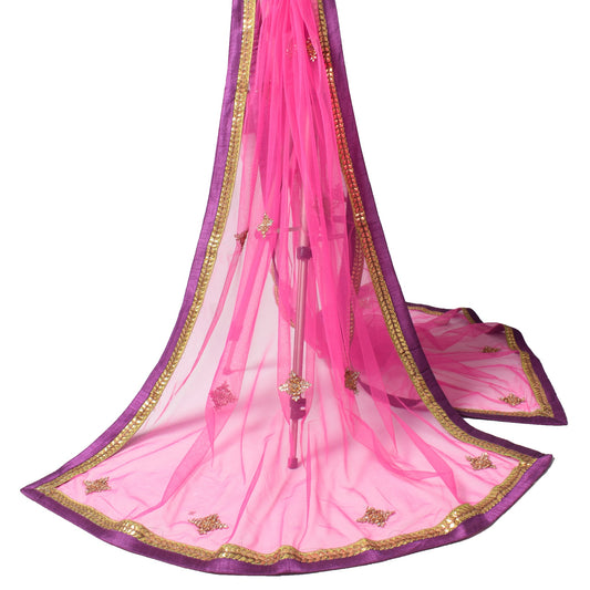 Sushila Vintage Polki Kundan Embroidered Dupatta Pink Net Floral Long Stole Wrap