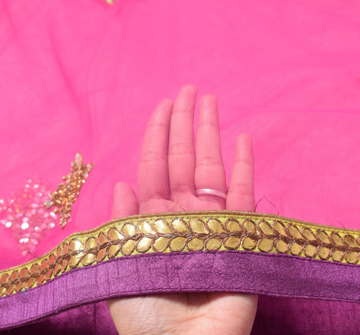 Sushila Vintage Polki Kundan Embroidered Dupatta Pink Net Floral Long Stole Wrap