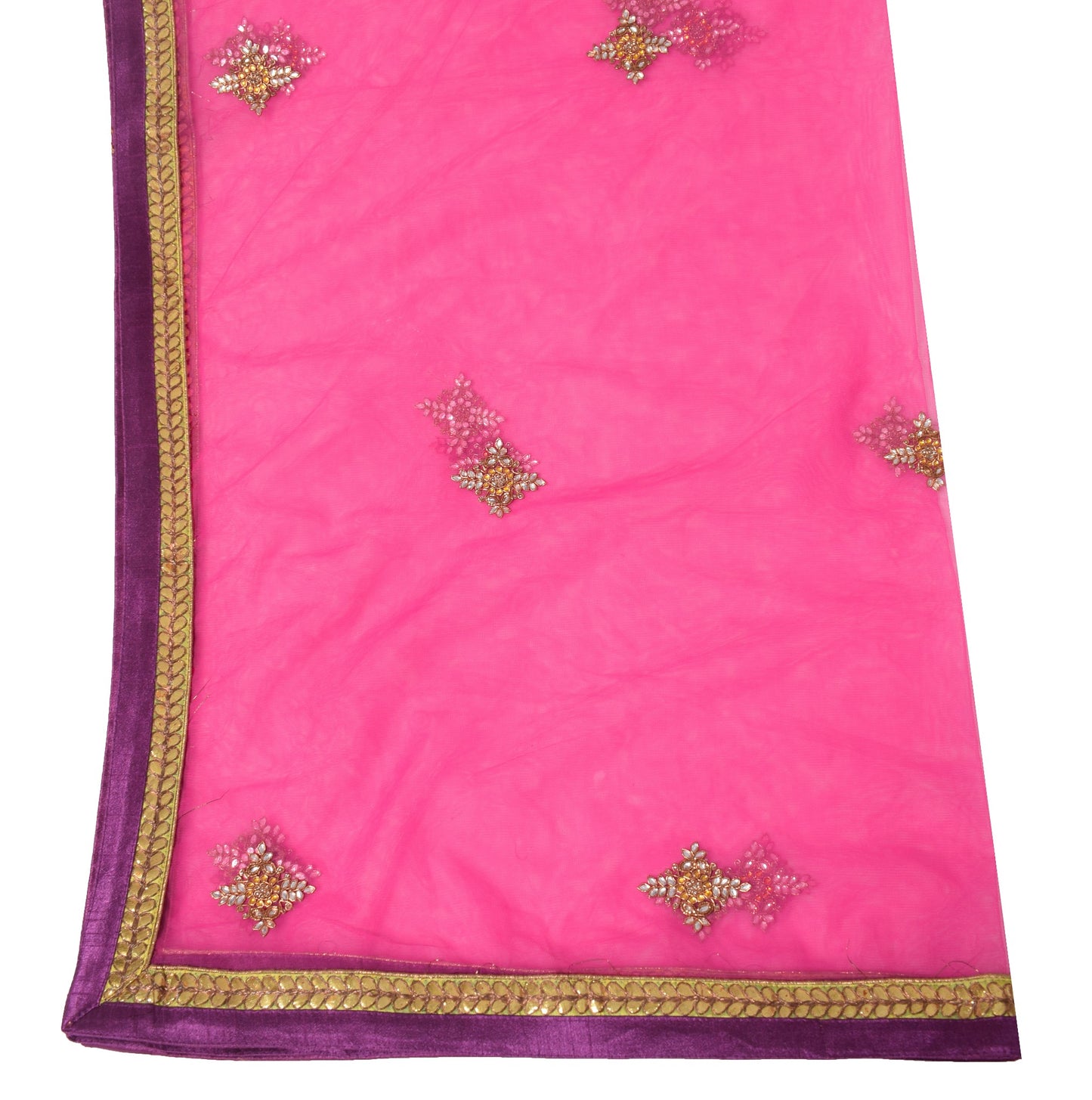 Sushila Vintage Polki Kundan Embroidered Dupatta Pink Net Floral Long Stole Wrap