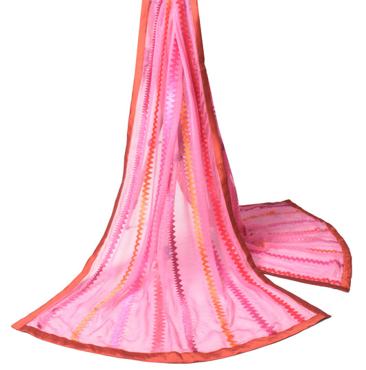 Sushila Vintage Pink Dupatta Chiffon silk Zig-Zag Embroidered Soft Long Stole
